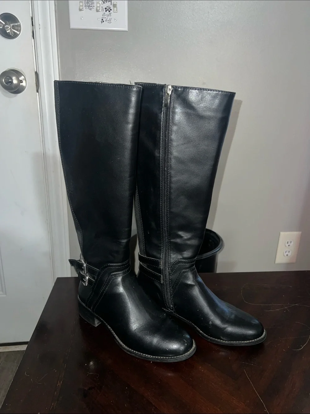 Women's Black Mid-Calf Riding Boots with Buckle Detail